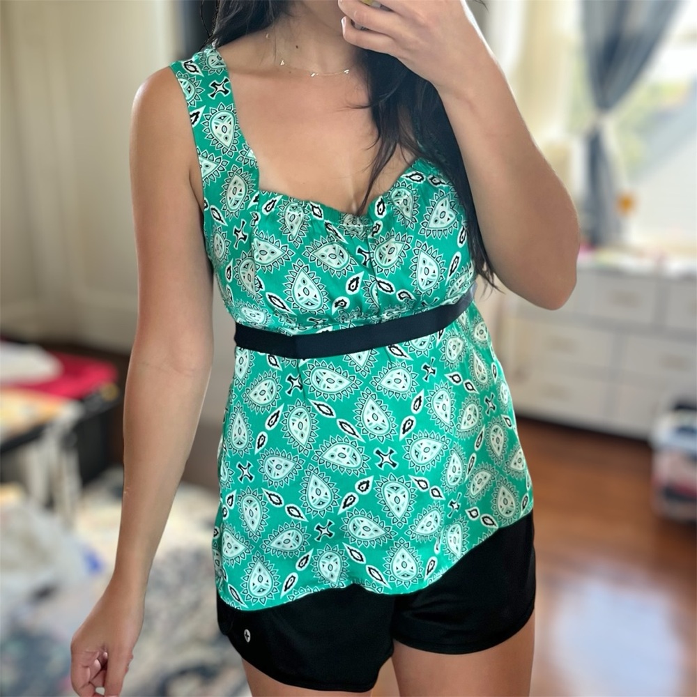 Loft Top Shirt 6 Aqua Blue Sleeveless Square Neck Geometric Side Zip Pullover